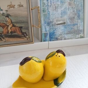 Italian Ceramic Salt/ Pepper on the plate Lemons, hand painted, Italy, large,New